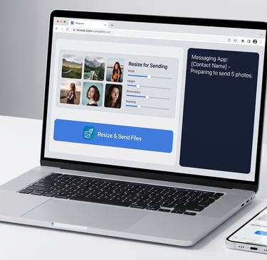 Person preparing photos for WhatsApp or Telegram on a clean laptop screen before sending.