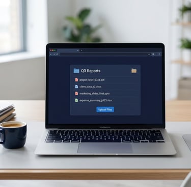 Laptop screen showing a clean file upload folder with renamed documents ready for an online form.