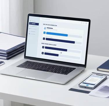 Laptop showing scanned document pages being organized into one PDF for an online form upload.