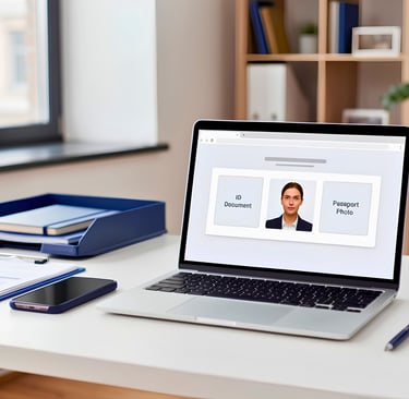 Person preparing ID and passport photos for online upload on a laptop
