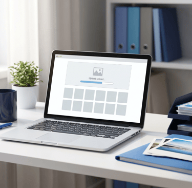 Person resizing images for online forms on a laptop before uploading files