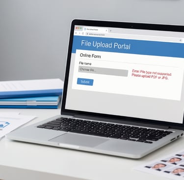 Laptop showing online form file upload errors with images, and documents prepared for submission