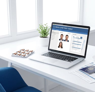Laptop showing image and PDF preparation tools with ID photos and documents for online uploads