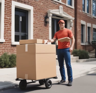 A Droptt parcel delivery driver handing a package to a smiling customer at their doorstep.