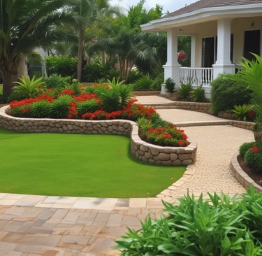 A vibrant, freshly landscaped garden showing lush greenery and colorful flowers under soft morning light.