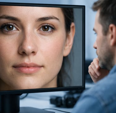 A person looking at a high-resolution facial image on a professional computer monitor for photo editing.
