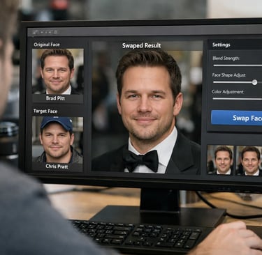 A man is doing a face swap on a computer screen