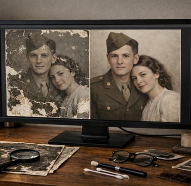Professional vintage photo restoration of a damaged military portrait shown on a desktop monitor.