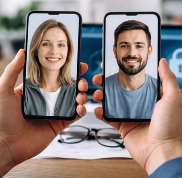 a man and woman are shown on their phones