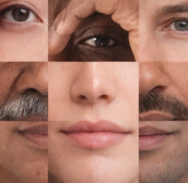 A diverse photo collage featuring close-ups of eyes, noses, and mouths of people from different ethnicities.