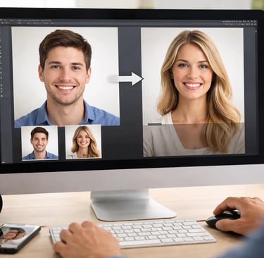 a man and woman are shown on a computer screen after a face swapping
