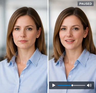 Side-by-side comparison of a professional woman in a blue shirt with neutral and smiling expressions.