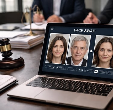 a laptop computer screen showing a video chat between people in a court