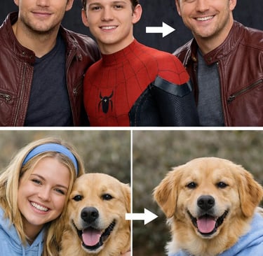 a collage of images containing a dog,a man and a woman posing for a photo