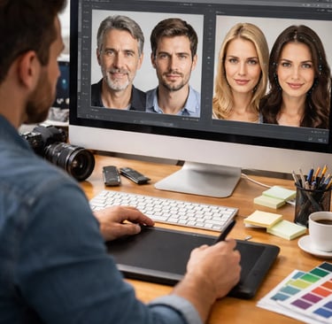 a man sitting at a desk with a computer screen showing a group of people