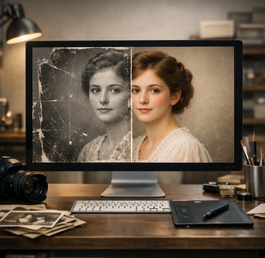 Professional old photo restoration showing a damaged vintage portrait being repaired on a computer screen.