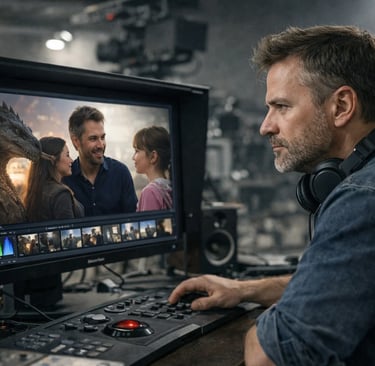 A video editor performs professional color grading on a fantasy film scene featuring a dragon.