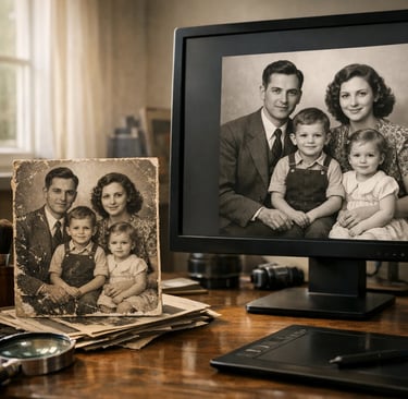 Professional digital restoration of a vintage family portrait displayed on a computer monitor.