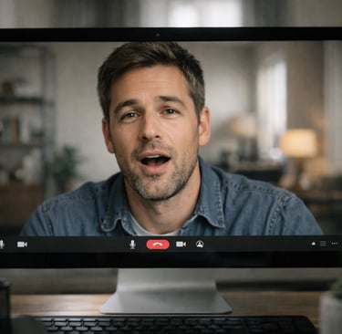 Professional man participating in a remote video conference call on a desktop computer screen.