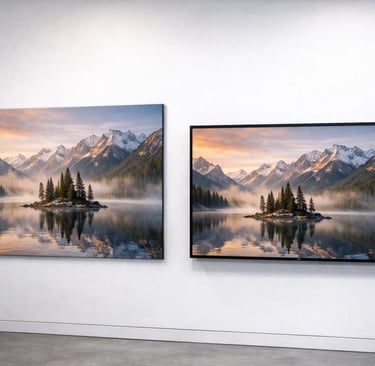 Modern wall art featuring framed landscape photography of misty mountains and a lake reflection.