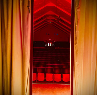 A view of an auditorium from the stage through the curtains