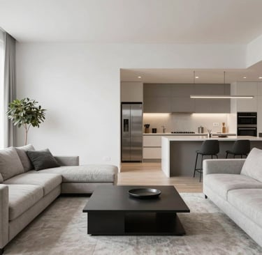 Electric blinds and ducted air system controls displayed in a minimalist living room