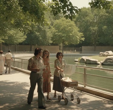 Vintage photo of people in 1970s fashion walking past a zoo hippo enclosure on a sunny day.
