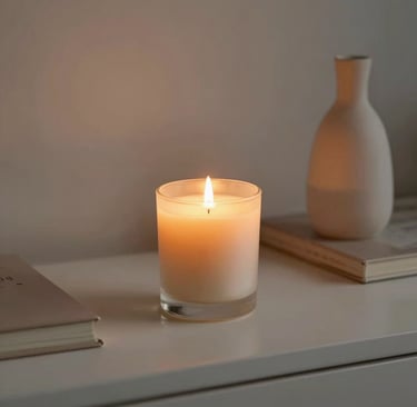 A collection of elegant scented candles glowing warmly on a wooden shelf.
