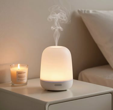 A serene diffuser releasing gentle mist in a softly lit room with calming decor.