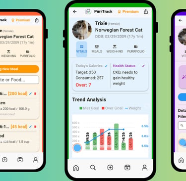 Three mock mobile phones displaying the PurrTrack app interface, specifically highlighting the Vital