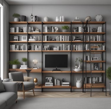 Residential living space featuring custom-made wooden shelves and metal accents
