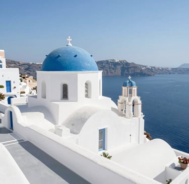 Traditional whitewashed villa with blue shutters by the sea in Santorini.