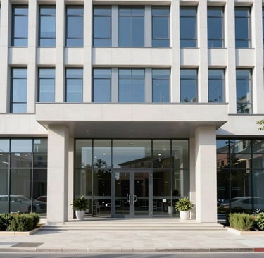 Modern office building exterior with glass facade in Thessaloniki.