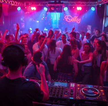 DJ tocando em after party com pista cheia e iluminação noturna moderna