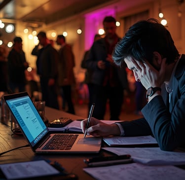 Pessoa organizando evento com stress e vários elementos espalhados