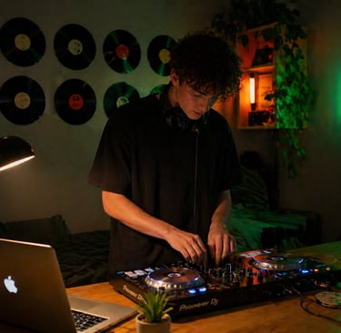 DJ iniciante montando setup em estúdio caseiro com controladora e iluminação neon