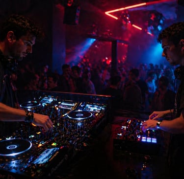 DJ comparando controladora e CDJs em ambiente de clube noturno