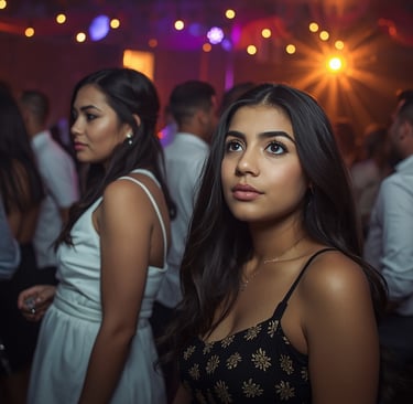 Convidados observando festa com expressões diferentes