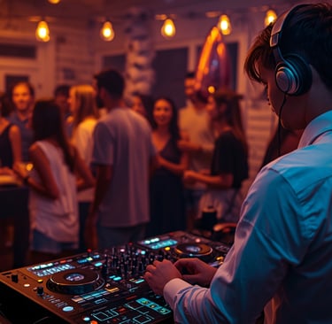 DJ tocando em festa de aniversário privada com convidados dançando em ambiente intimista
