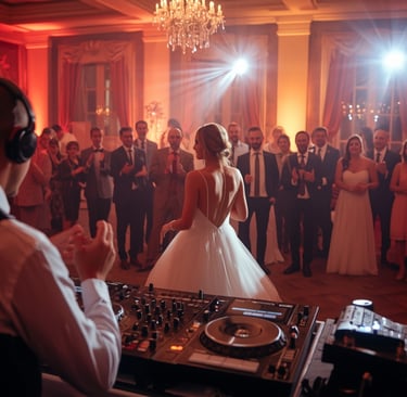 DJ tocando em casamento no Porto com noivos dançando e convidados ao redor