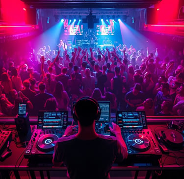 DJ tocando em clube com pista cheia, luzes neon e público animado