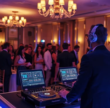 DJ tocando em evento corporativo com ambiente elegante e convidados interagindo
