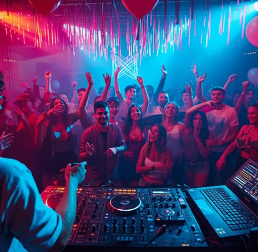 DJ tocando em festa de 15 anos com jovens dançando e iluminação colorida
