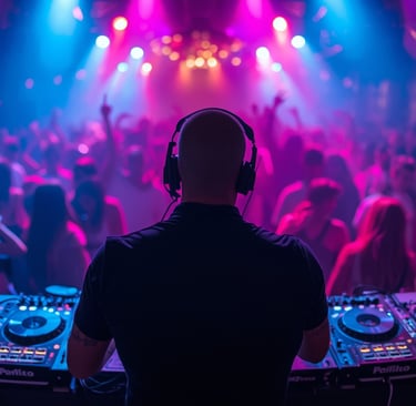 DJ para festas no Porto animando pista cheia com iluminação colorida e público dançando