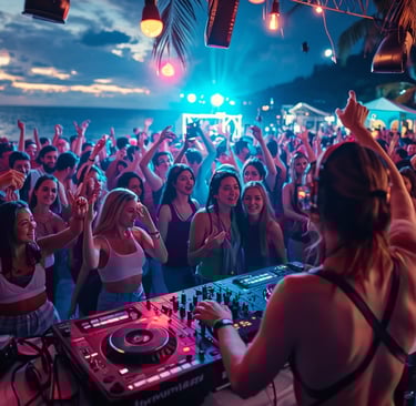 DJ animando festa universitária na praia com jovens dançando, luzes coloridas e energia alta