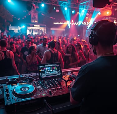 DJ tocando em festa no Porto com público dançando em evento noturno