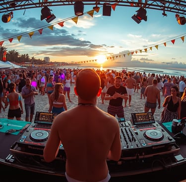 DJ profissional animando festa de verão na praia com pista cheia e iluminação colorida