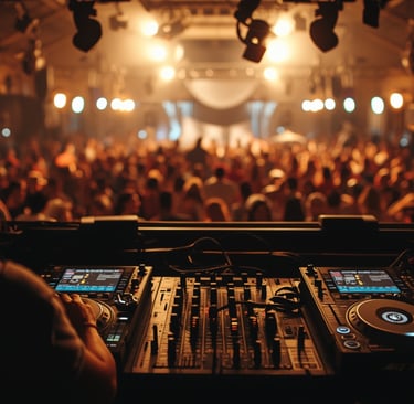 Um DJ mixando música em uma sala grande.