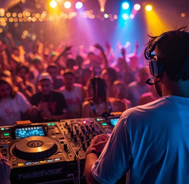 DJ no Porto animando festa com pista cheia e iluminação vibrante