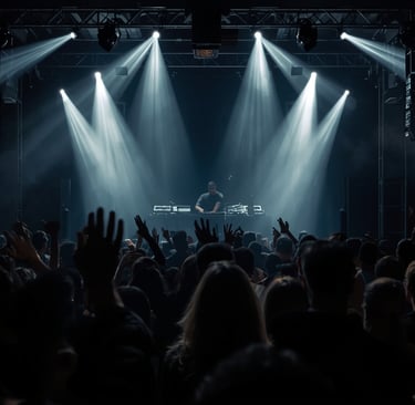 Uma multidão de pessoas em pé em frente a um palco iluminado por holofotes.